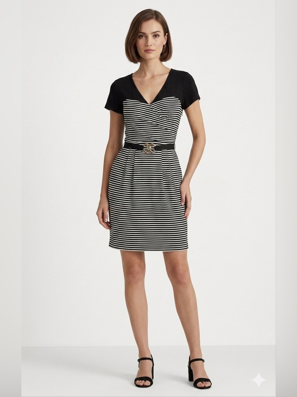 BCBGMaxAzria Black and White Striped Wrap-Style Dress